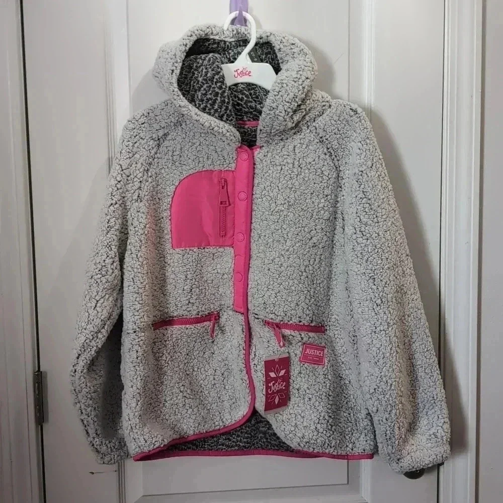 Justice Girls Full Zip Faux Sherpa Jacket with Hood